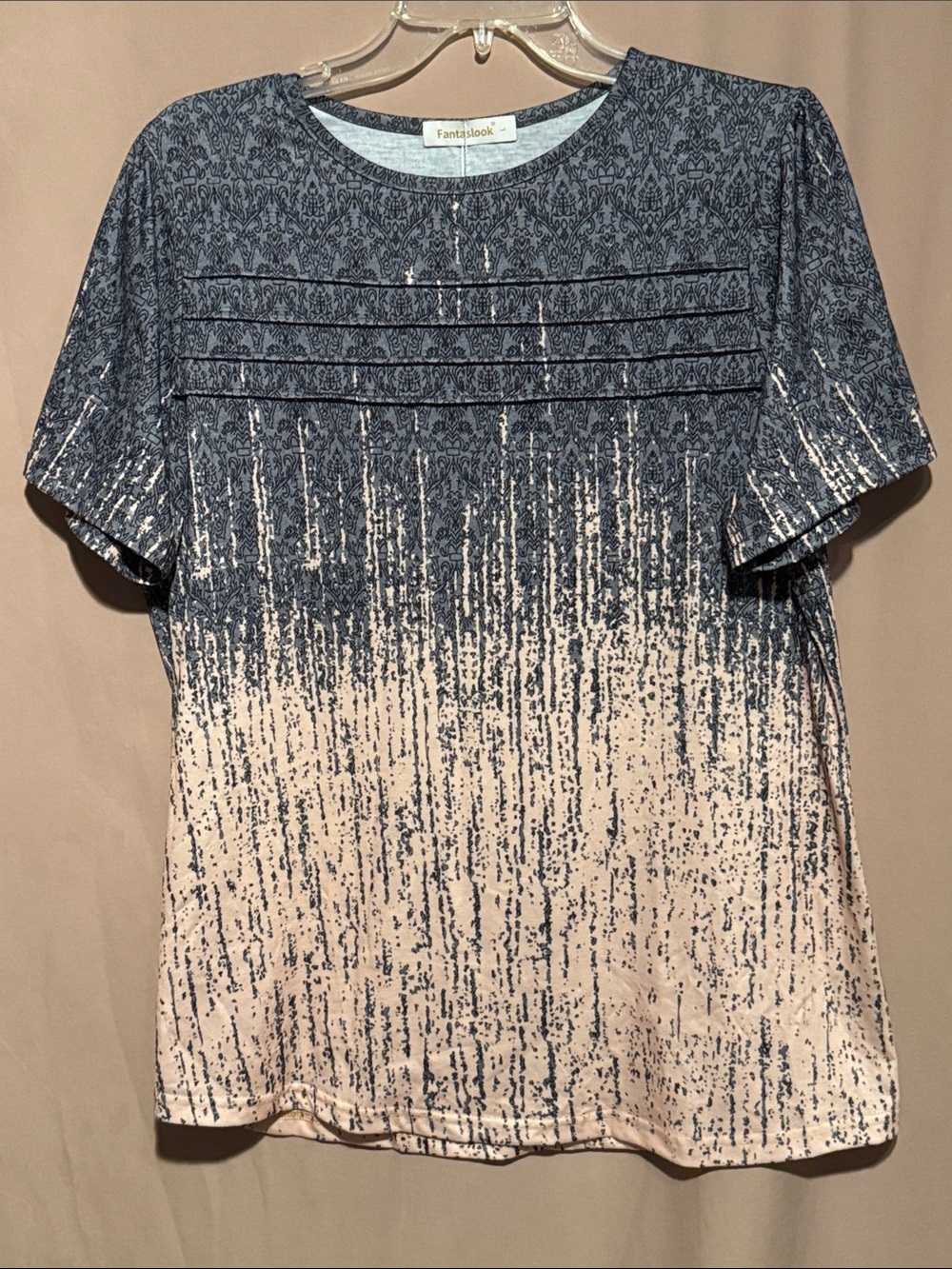 Women's Gray, black and peachy Cream Short-Sleeve Patterned Top